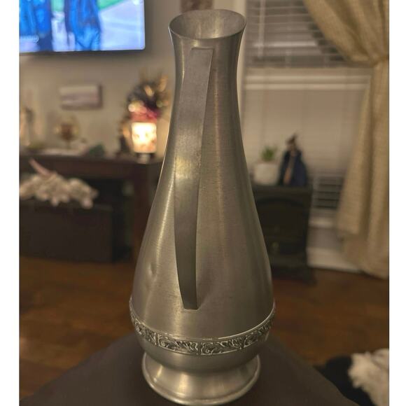 VINTAGE Norsk Tinn PEWTER Metal Pitcher Jug VASE Scrollwork 9.5 “ w/handle READ - Picture 4 of 7